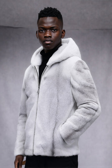 White Faux Fur Zip-Up Hooded Long Sleeve Men's Winter Coat